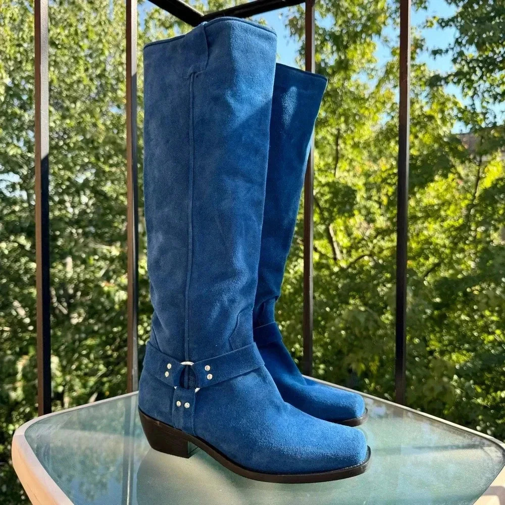 New Free People Suede Knee-High Moto Boots Lockhart Blue Womens Size 6 - Picture 4 of 16